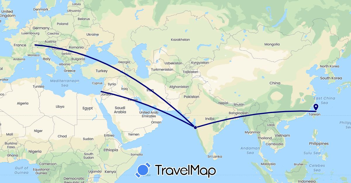 TravelMap itinerary: driving in Switzerland, Israel, India, Taiwan (Asia, Europe)